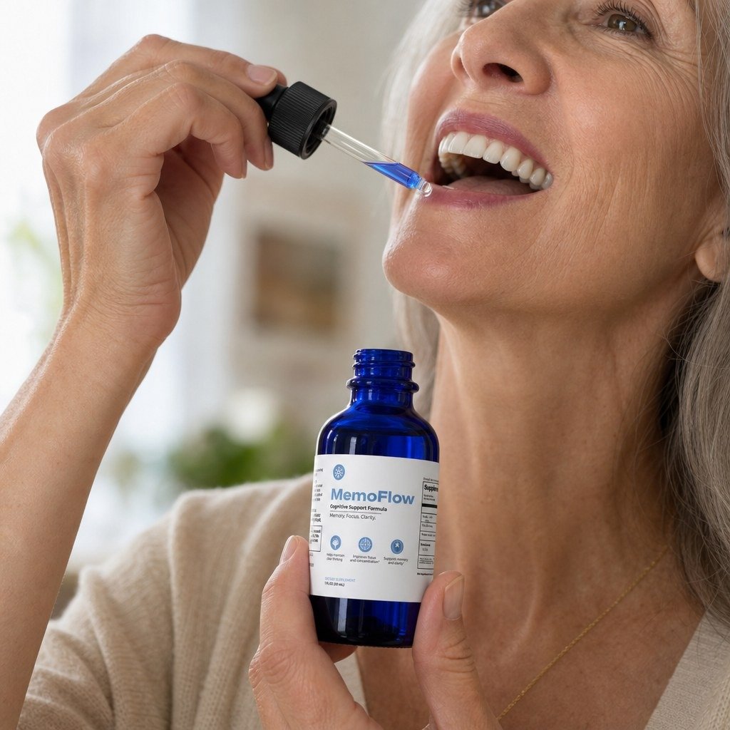 Woman taking MemoFlow drops under her tongue